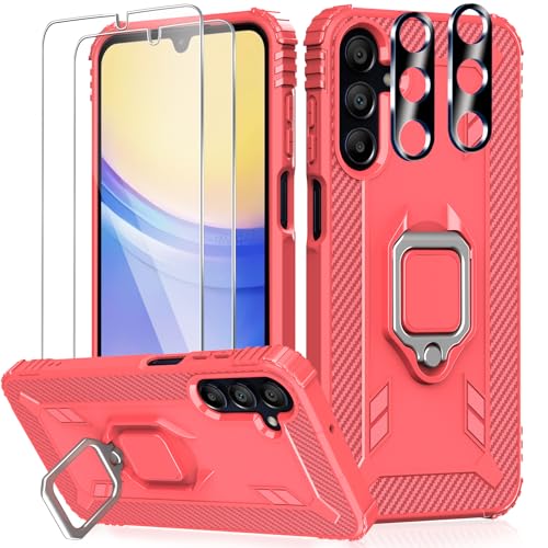 Wiaocit 5 in 1 Handyhülle für Samsung Galaxy A15 4G/5G Hülle mit 2 Stück für Panzerglas+ 2 Stück Kameraschutz Zubehör [Militärischer Schutzgrad] 360°Fingerringhalter Kickstand, Rot von Wiaocit