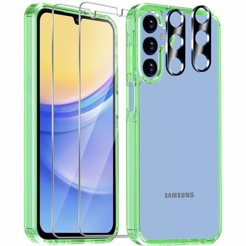 Wiaocit Handyhülle für Samsung Galaxy A15 4G/5G Hülle, 2 Stück Schutzfolie+2 Stück Kameraschutz Camera Nicht vergilbend Harte PC-Rückseite, Schlank Dünn Soft Edge Stoßsicher Phone Case Zubehör, Grün von Wiaocit