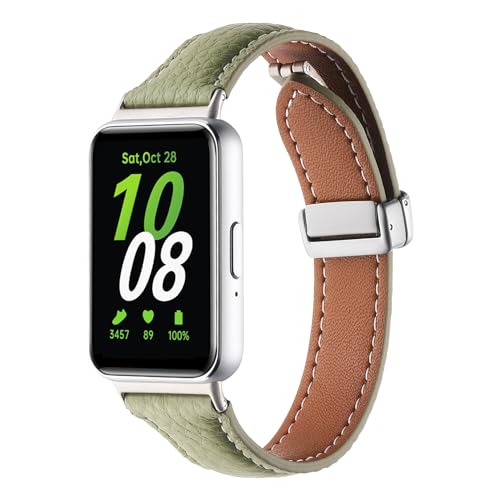 Wigento Für Samsung Galaxy Fit 3 Schmales Leder Armband Litchi Textur magnetische Schnalle Grün von Wigento