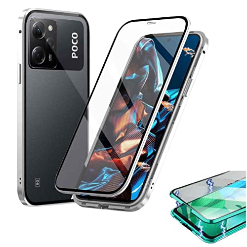 Wigento Für Xiaomi Poco X5 Pro/Redmi Note 12 Pro Beidseitiger 360 Grad Magnet/Glas Case Hülle Handy Tasche Bumper Silber von Wigento