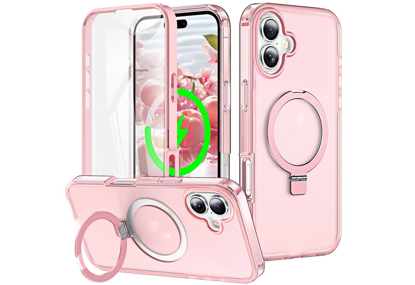 Wigento Handyhülle Für Apple iPhone 16 Plus Skin Feel MagSafe Ring 360 Grad Hülle Rosa, 360 Grad MagSafe Frosted Skin Feel Hülle von Wigento