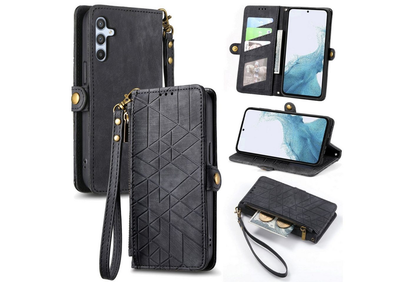 Wigento Handyhülle Für Samsung Galaxy A56 / A36 Kunstleder Zipper Wallet Tasche Schwarz, Kartenfächer, Reißverschlussfach, Standfunktion von Wigento