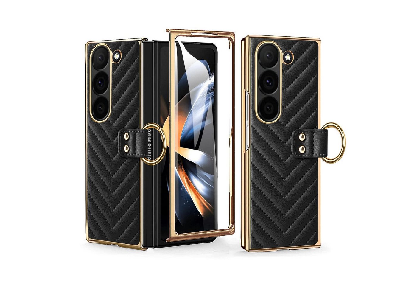 Wigento Handyhülle Für Samsung Galaxy Z Fold6 Dream Series Ring Kunstleder Hülle Schwarz, Stoßfest, Metallring, stilvoll von Wigento