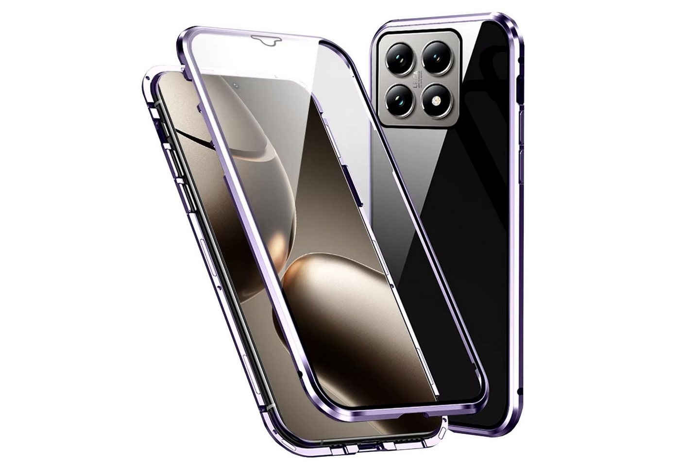 Wigento Handyhülle Für Xiaomi 14T Pro Beidseitiger 360 Grad Magnet Glas Bumper Hülle Lila, Magnetische Metallrahmenhülle mit beidseitigem Hartglas von Wigento