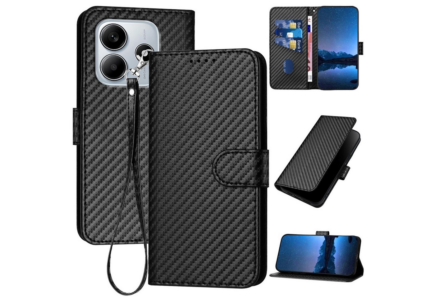 Wigento Handyhülle Für Xiaomi Redmi Note 14 5G Carbon Fiber Kunstleder Hülle mit Lanyard, Carbon-Optik Hülle mit Kartenfach und Standfunktion von Wigento