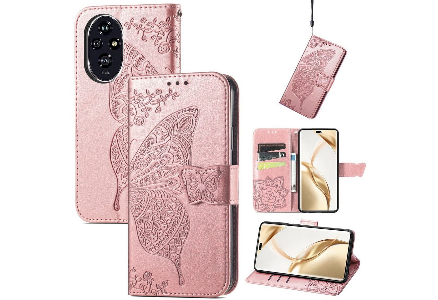 Wigento Smartphone-Hülle Für Honor 200 Pro Kunstleder Wallet Tasche Design Schmetterling Rosa, Kunst-Leder Schutzhülle Smart Case Cover magnetischer Verschluss von Wigento
