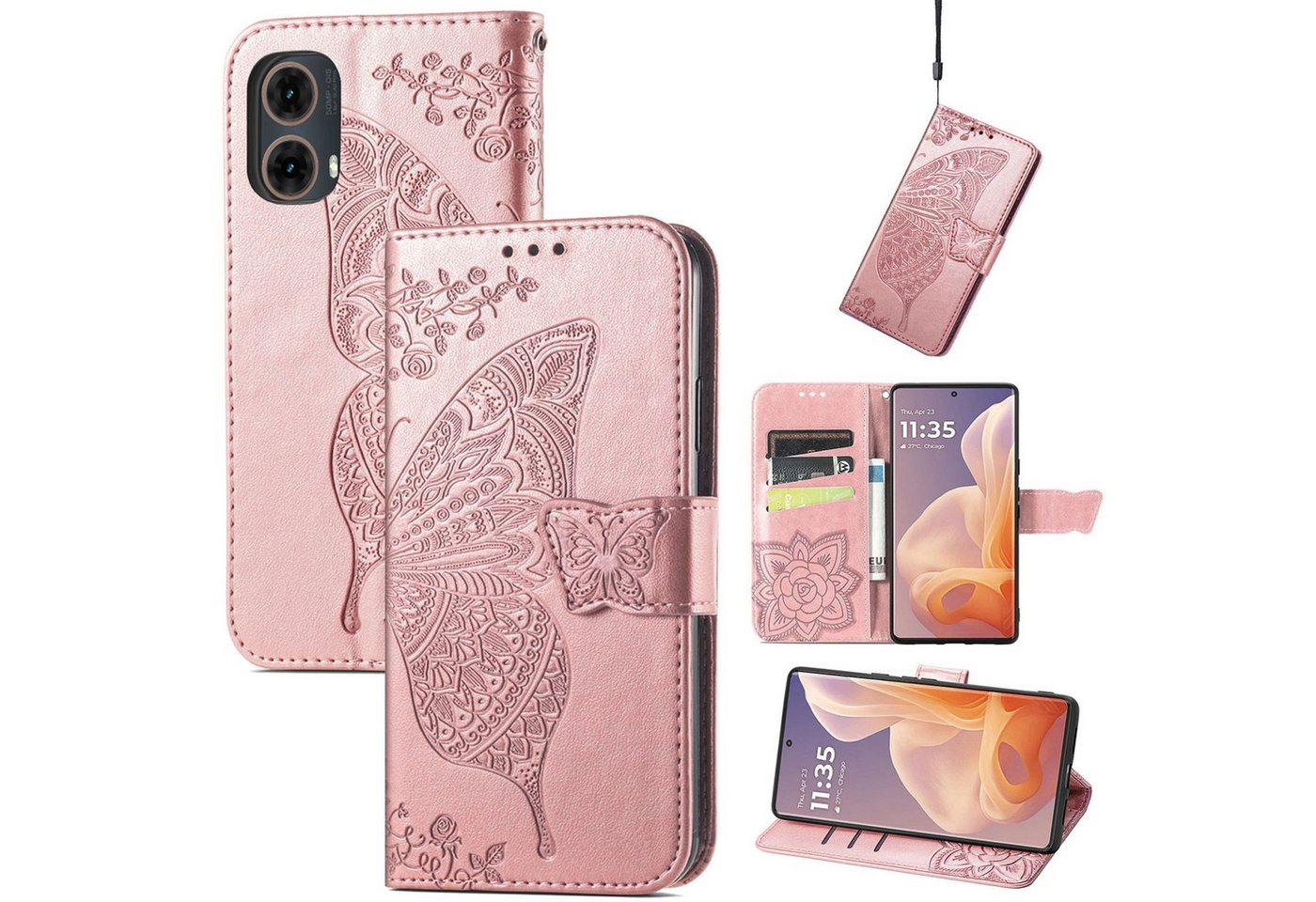 Wigento Smartphone-Hülle Für Motorola Moto G85 Kunstleder Schmetterling Book Wallet Hülle Rosa, Kunst-Leder Schutzhülle Smart Case Cover magnetischer Verschluss von Wigento