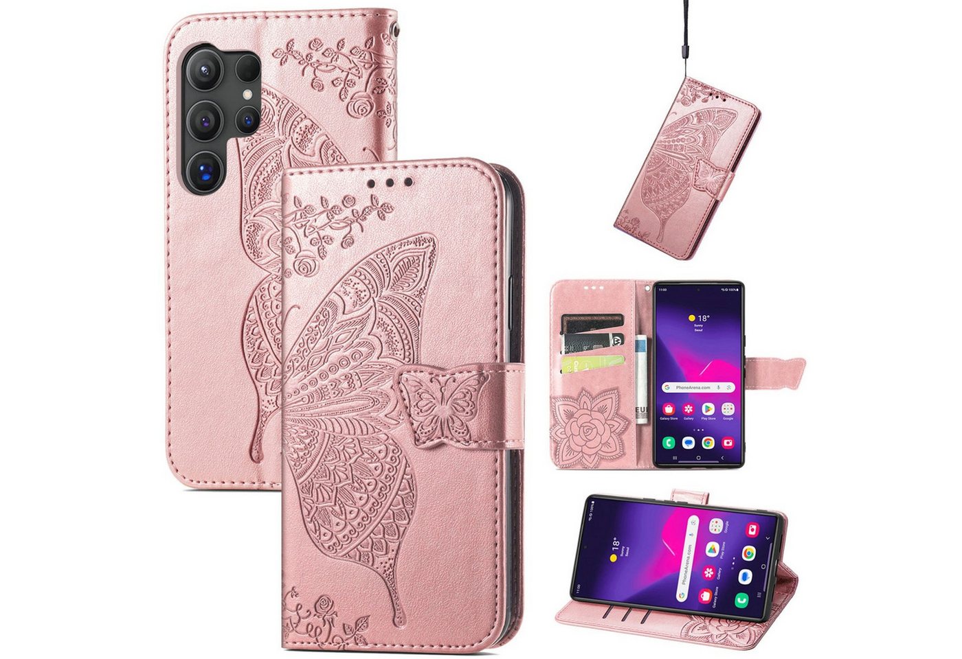 Wigento Smartphone-Hülle Für Samsung Galaxy S25 Ultra Kunstleder Book Schmetterling Hülle Rosa, Kunst-Leder Schutzhülle Smart Case Cover magnetischer Verschluss von Wigento