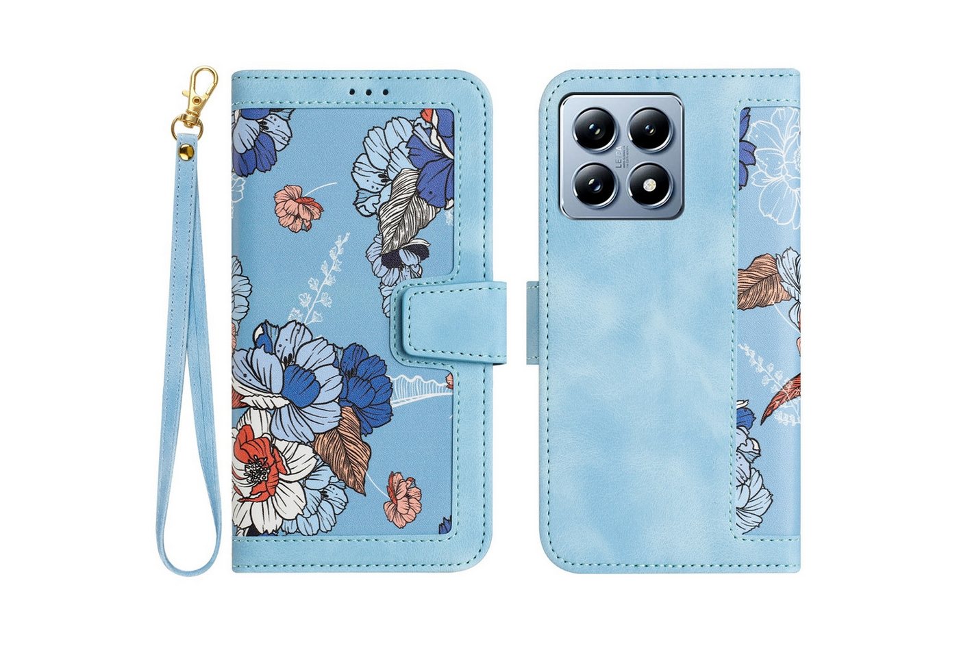 Wigento Smartphone-Hülle Für Xiaomi 14T Pro Kunstleder Book Wallet Blumen Tasche Hülle Hellblau, Blumenmuster, Kartenfächer, Lanyard von Wigento