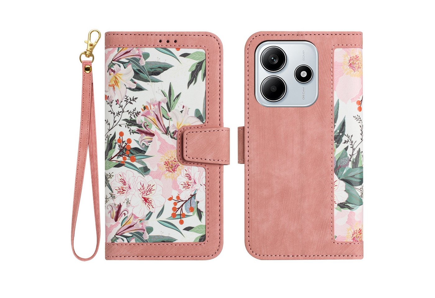 Wigento Smartphone-Hülle Für Xiaomi Redmi Note 14 5G Kunstleder Book Wallet Blumen Hülle Rosa, Blumenmuster, Kartenfächer, Lanyard von Wigento