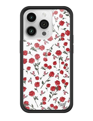 Wildflower Schutzhülle für Apple iPhone 14 Pro, Rot, Weiß, Blumen, Rosen, trendig, kokett, schützender schwarzer Bumper, 1,2 m Falltest-zertifiziert, kleines Unternehmen im Besitz von Frauen von Wildflower