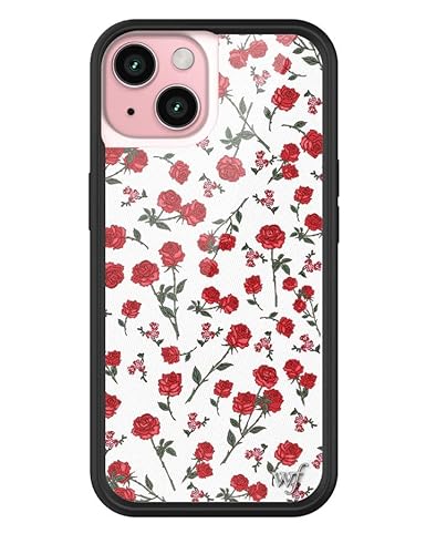 Wildflower Schutzhülle für Apple iPhone 15, Rot, Weiß, Blumen, Rosen, trendig, kokett, schützender schwarzer Bumper, 1,2 m Falltest-zertifiziert, kleines Unternehmen im Besitz von Frauen von Wildflower