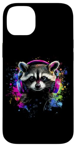 Hülle für iPhone 14 Plus Waschbär Kopfhörer Musik Bunt Tier Kunst Motiv Tiermotiv von Wildlife Vibes Streetwear Creations