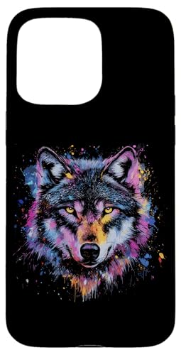 Hülle für iPhone 15 Pro Max Wolf Bunt Tier Motiv Kunst Tiermotiv Wölfe Kojote Wolfsmotiv von Wildlife Vibes Streetwear Creations