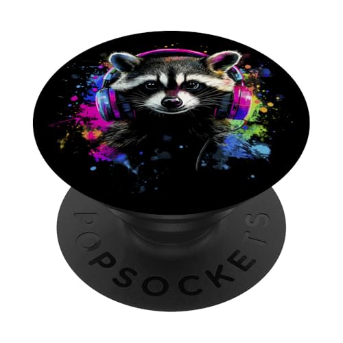 Waschbär Kopfhörer Musik Bunt Tier Kunst Motiv Tiermotiv PopSockets Klebender PopGrip von Wildlife Vibes Streetwear Creations