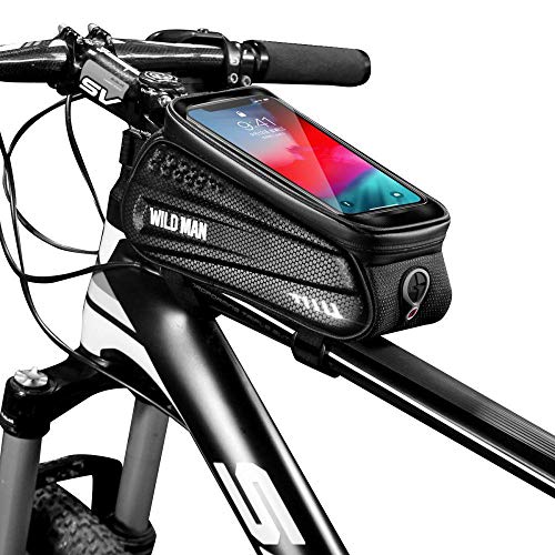 WILDMAN Fahrrad Rahmentasche Handyhalterung ideal fürs Navi - Fahrradtasche mit Kopfhörerloch mit Fingerabdrucksensor-Unterstützung, wasserdicht, L, Black von Wildman