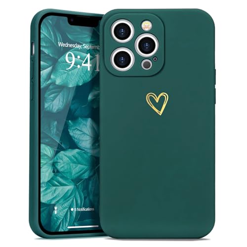 Wirvyuer Kompatibel mit iPhone 13 Pro Handyhülle Mädchen Hülle Gold Liebesherz Weich Silikon Case Süßes Gold Love Slim Stoßfest Schutzhülle für iPhone 13 Pro Dunkelgrün von Wirvyuer