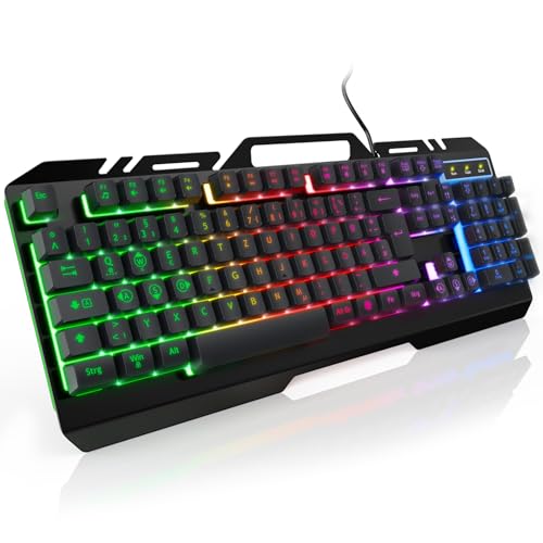 WisFox Office Gaming Tastatur Kabelgebunden, Rainbow LED Beleuchtete, mit Handy Halter, Leiser Tastenanschlag, 19 Schlüssel Anti-Ghosting, Robust Metal Frame, Deutsche Layout Kompakte, für PC Gamer von WisFox Office