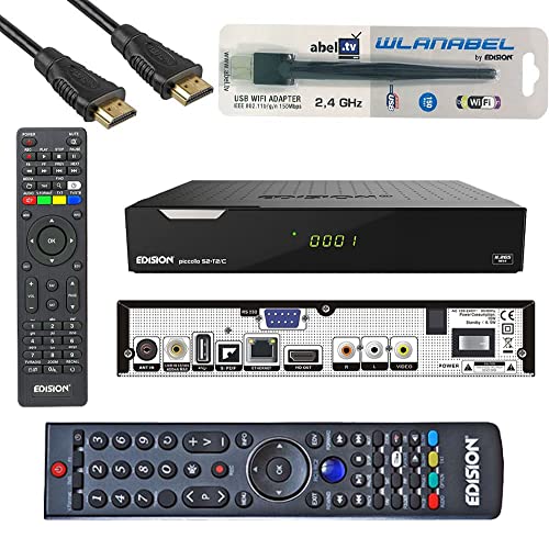 Edison Piccollo S2+T2/C Full HD Satelliten-Kabel-Receiver FTA HDTV DVB-S2/C/T2 (HDMI, AV, USB 2.0,Display,CA,CI,LAN) inkl. Wlanabel u. 2ter Fav Fernbedienung u. HDMI Kabel von Wlanabel