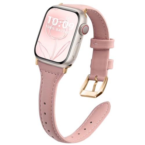 WoPail Leder Armband Damen für Apple Watch 42mm 44mm 45mm 46mm 49mm für Apple Watch Series 10/9/8/7/6/5/4/3/2/1/Ultra 2/Ultra Ersatzarmband Schlank Leicht Armbänder für iWatch Series 10 46mm Rosa von WoPail