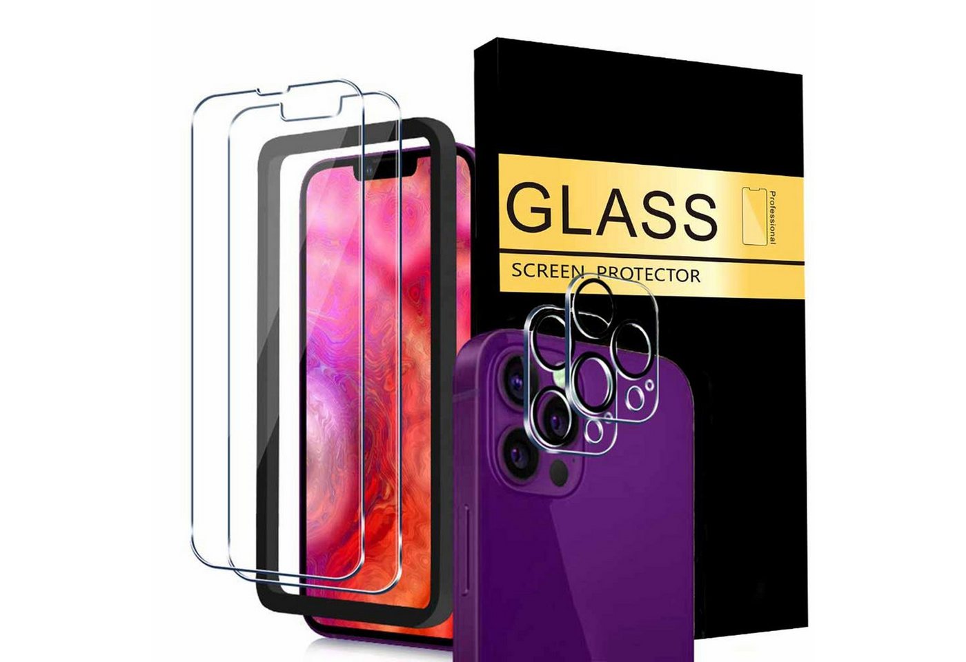 Wörleonline Displayschutzglas 4-in-1 für iPhone 15 Pro Max Displayschutz und Kameraschutz, Set, 4 Stück, 2x 9H Displayschutzfolie, 2x Kameraschutz und 1x Ausrichtungsrahmen von Wörleonline