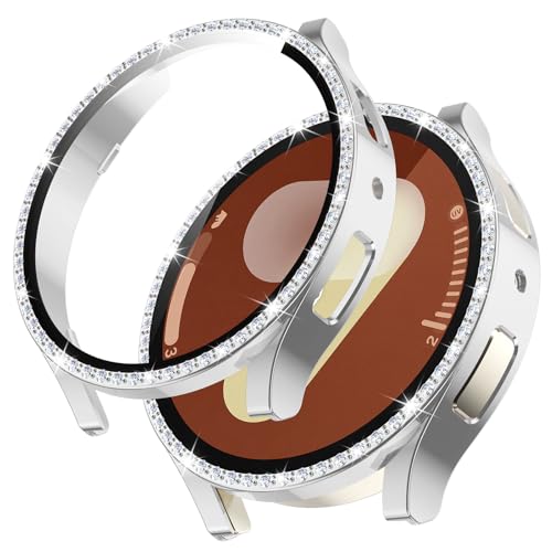 Woijrly Glitzer Diamanten Hülle für Samsung Galaxy Watch 7 40mm, Hart PC Bumper Case mit HD Gehärtetes Displayschutz Folie, Smartwatch Zubehör Bling Schutzhülle Cover für Frauen Mädchen, Silber von Woijrly