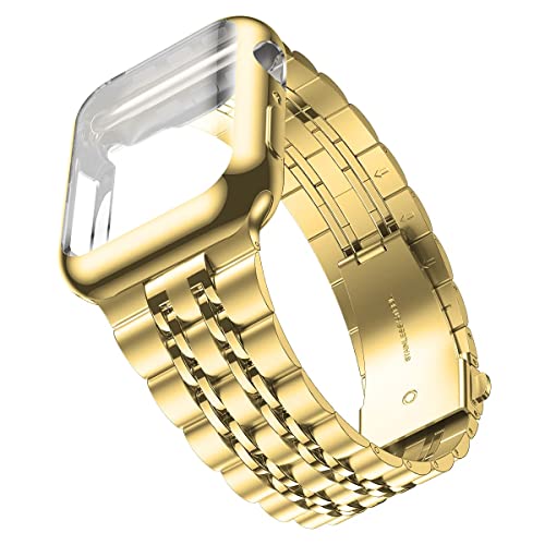 Wolait Kompatibel mit Apple Watch Armband 40 mm mit Hülle, verbessertes Edelstahl-Metall-Business-Band mit Displayschutzfolie für iWatch Serie 6/SE Serie 5/4/3/2/1, goldenes Band + goldfarbene Hülle von Wolait