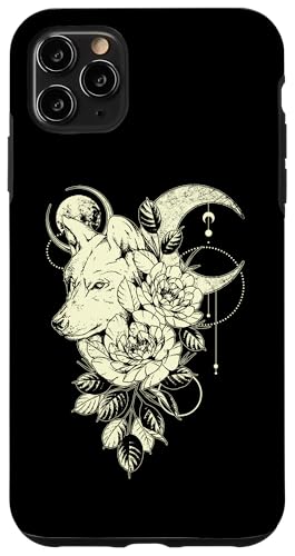 Hülle für iPhone 11 Pro Max Wolf mit Blumen, Halbmond, Mystische Symbole, Boho Bohemian von Wolf Designs by Content Design Studio