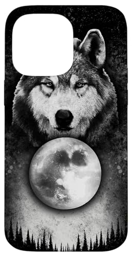 Hülle für iPhone 14 Pro Max Wolf mit Mond, Wald, nächtlich und dämmerig, schwarz von Wolf Designs by Content Design Studio