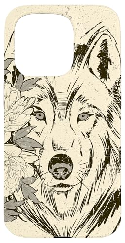 Hülle für iPhone 15 Pro Wolf Portrait mit Blumen, Vintage, Beige Ecru von Wolf Designs by Content Design Studio