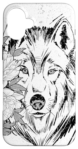 Hülle für iPhone 16 Plus Wolf Portrait mit Blumen, Vintage, schwarz-weiß von Wolf Designs by Content Design Studio