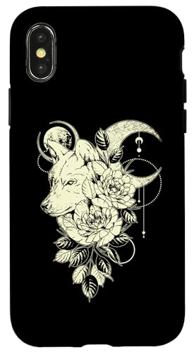 Hülle für iPhone X/XS Wolf mit Blumen, Halbmond, Mystische Symbole, Boho Bohemian von Wolf Designs by Content Design Studio