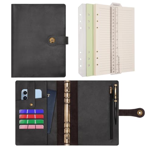 Wonderpool Ringbuch Notizbuch A5 Nachfüllbar Leder Tagebuch Organizer Binder Ordner mit Taschen Liniertes Papier Stift für Büro Schule Geschäft Reisen Planung Schreiben (Schwarz,A5) von Wonderpool