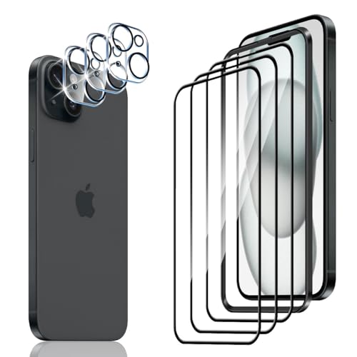 Wonsoso Schutzfolie Kompatibel mit iPhone 15 für Panzerglas [3D Vollbildschirm], 3 Stück Panzerfolie mit Positionierhilfe, 3 Stück Kameraschutz, Anti-Bläschen, 9H Härte Anti-Kratzen, HD Displayschutz von Wonsoso