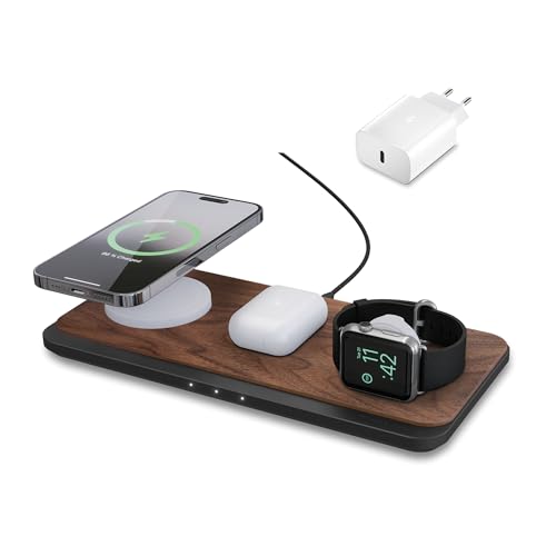 Woodcessories Multibase Pro - 3 in 1 Ladestation Holz | Magsafe Ladegerät | Induktive Ladestation für iPhone, Apple Watch, Air Pods inkl. 45W Power Adapter von Woodcessories