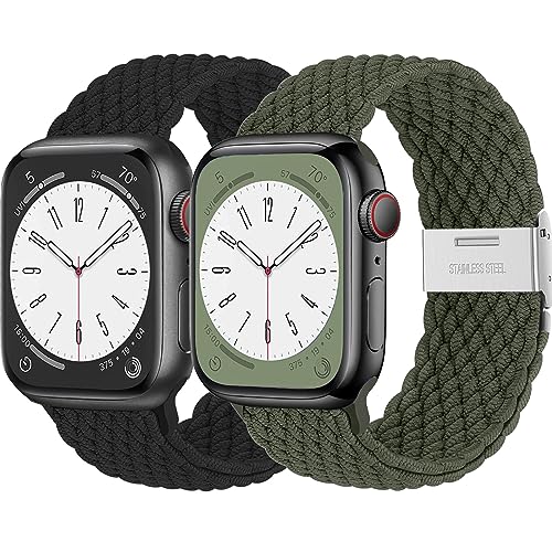 2ST Geflochtens Solo Loop band für Apple Watch Armband 45mm 44mm 41mm 40mm 49mm 42mm 38mm,Dehnbarer Nylon Strap Armbänder für die iWatch series 8 7 6 5 4 3 se Ultra Herren/Damen-Armeegrün/Schwarz von Wowstrap