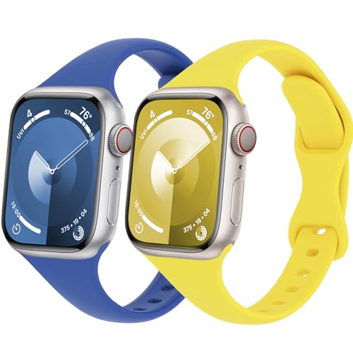 Schlank Sportarmband für Apple Watch Armband 44mm 45mm Ultra/2 49mm 40mm 41mm iWatch Armbänder 38mm 42mm Herren/Damen,Dünn Weich Silikon Band für Apfelband Series 9 8 7 6 5 4 3 2 Se,Gelb/Wellenblau von Wowstrap