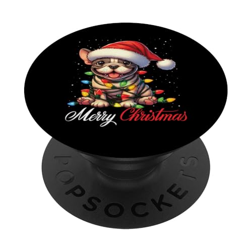 Französische Bulldogge Merry Christmas Lights Santa Hat Xmas Snow PopSockets Klebender PopGrip von Wrapped with Christmas Lights Merry Christmas