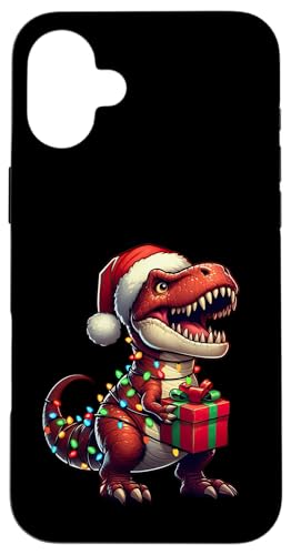 Hülle für iPhone 16 Plus T Rex Dinosaurier Weihnachtsbeleuchtung Weihnachtsmannmütze Jungen Mädchen Kinder von Wrapped with Christmas Lights