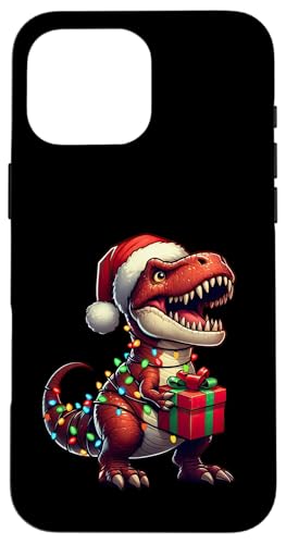 Hülle für iPhone 16 Pro Max T Rex Dinosaurier Weihnachtsbeleuchtung Weihnachtsmannmütze Jungen Mädchen Kinder von Wrapped with Christmas Lights