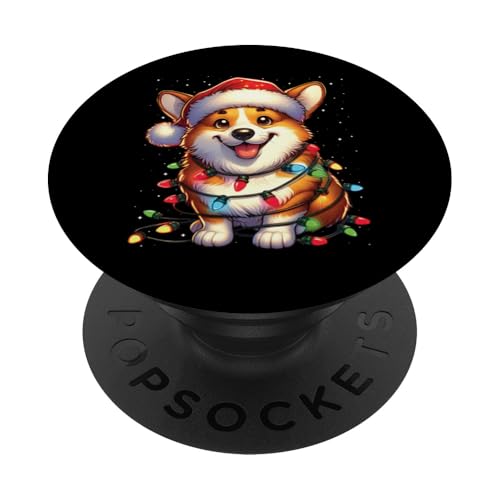 Welsh Corgi Dog Weihnachtsbeleuchtung Weihnachtsmannmütze Xmas Snow PopSockets mit austauschbarem PopGrip von Wrapped with Christmas Lights