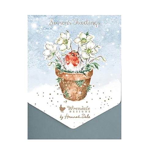 Wrendale - AXNCP025 - Kartenset Weihnachten, Season´s Tweeting, 8 Klappkarten mit Umschlag, Rotkehlchen im Blumentopf, Maße Karte: 10,1 x 15,2 cm, beige von Wrendale Designs