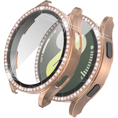 Wugongyan Displayschutzfolie, kompatibel mit Samsung Galaxy Watch 7, 40 mm, 44 mm, Glitzer-Strass-Hülle, harte PC-Abdeckung mit gehärtetem Glasfilm für Galaxy Watch 7 Zubehör (40 mm, Roségold) von Wugongyan