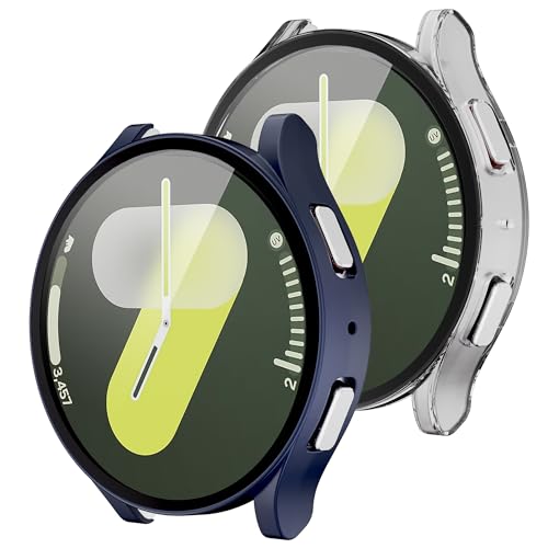 Wugongyan Displayschutzfolie für Samsung Galaxy Watch 7, 40 mm, 44 mm, harter Polycarbonat, vollständiger Schutz, integrierter gehärteter Glasfilm für Galaxy Watch 7, Nachtblau + transparent, 44 mm, 2 von Wugongyan