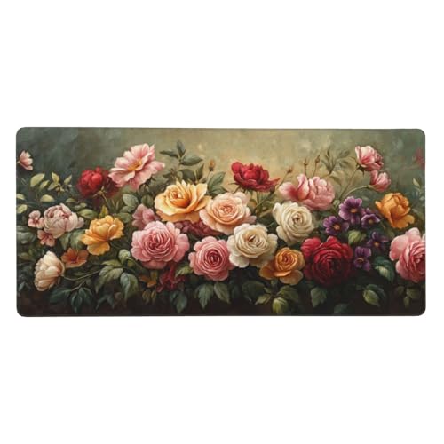 Blume Gaming Mauspad XXL 1000x500x3 mm, Rose Mauspad Groß Vernähte Kanten, Mousepad mit Anti Rutsch Basis und Wasser Resistent Weiche Oberfläche, Schreibtisch Unterlage für Tastatur, PC, Laptop von Wuleogxi