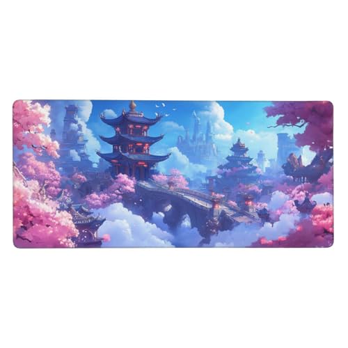 Kirschblütenbaum Gaming Mauspad XXL 500x250x3 mm, japanisch Mauspad Groß Vernähte Kanten, Mousepad mit Anti Rutsch Basis Wasser Resistent Oberfläche, Schreibtisch Unterlage für Tastatur, PC, Laptop von Wuleogxi