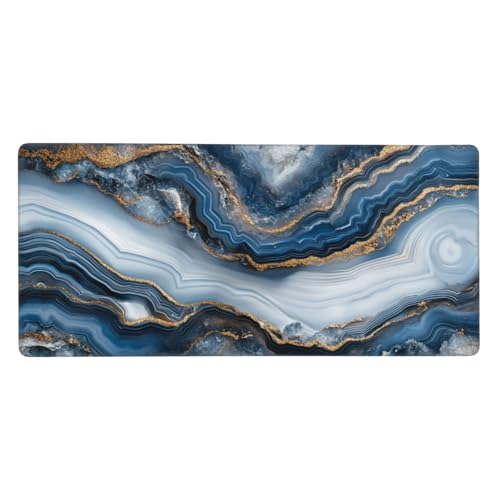 Mauspad Groß Blau, Marmor Mousepad XXL 900x400x3 mm, Gaming Mauspad mit rutschfeste Gummibasis und Wasser Resistent Weiche Oberfläche, Schreibtischunterlage Vernähte Kanten für Büro und Home Dekor von Wuleogxi