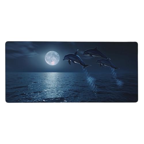 Mauspad Groß Delphin, Mond Mousepad XXL 600x400x3 mm, Gaming Mauspad mit rutschfeste Gummibasis und Wasser Resistent Weiche Oberfläche, Schreibtischunterlage Vernähte Kanten für Büro und Home Dekor von Wuleogxi