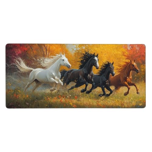 Mauspad Groß Herbst, Pferd Mousepad XXL 1200x600x3 mm, Gaming Mauspad mit rutschfeste GummiBasis Resistent Weiche Oberfläche, Schreibtischunterlage Vernähte Kanten für Büro und Home Dekorieren-L1366 von Wuleogxi