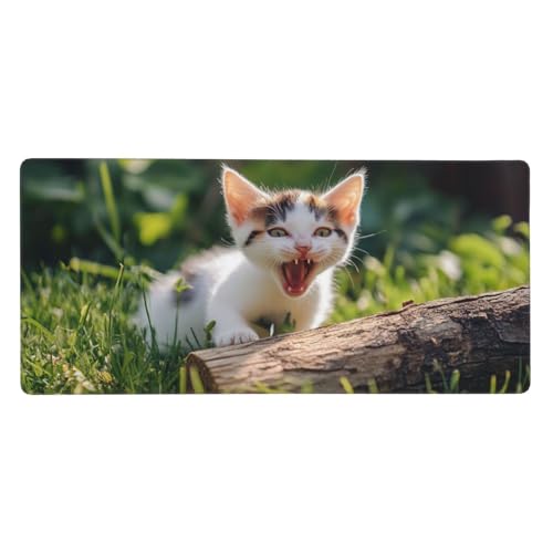 Mauspad Groß Katze, Wiese Mousepad XXL 800x400x3 mm, Gaming Mauspad mit rutschfeste GummiBasis Resistent Weiche Oberfläche, Schreibtischunterlage Vernähte Kanten für Büro und Home Dekorieren-L1190 von Wuleogxi